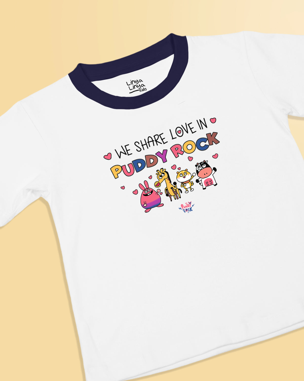 Puddy Rock Kids T-Shirt: We Share Love In Puddy Rock (Ringer Tee, White)